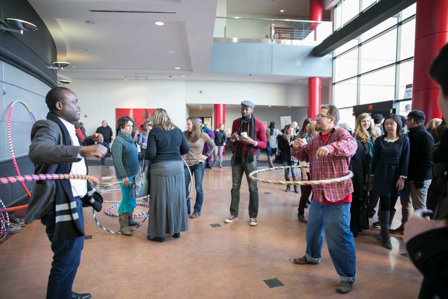 Andreas Spilly Spiliadis hula hooping with audience members during the afternoon break.