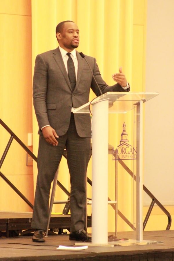 Marc Lamont Hill speaks to the audience of the SGAs Black History Month Lecture.
Photo by Terry Wright
