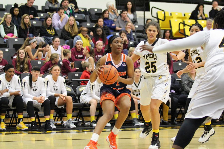 Jihayah Chavis avoids a double-team against UMBC.
Photo by Benjamin McKnight III