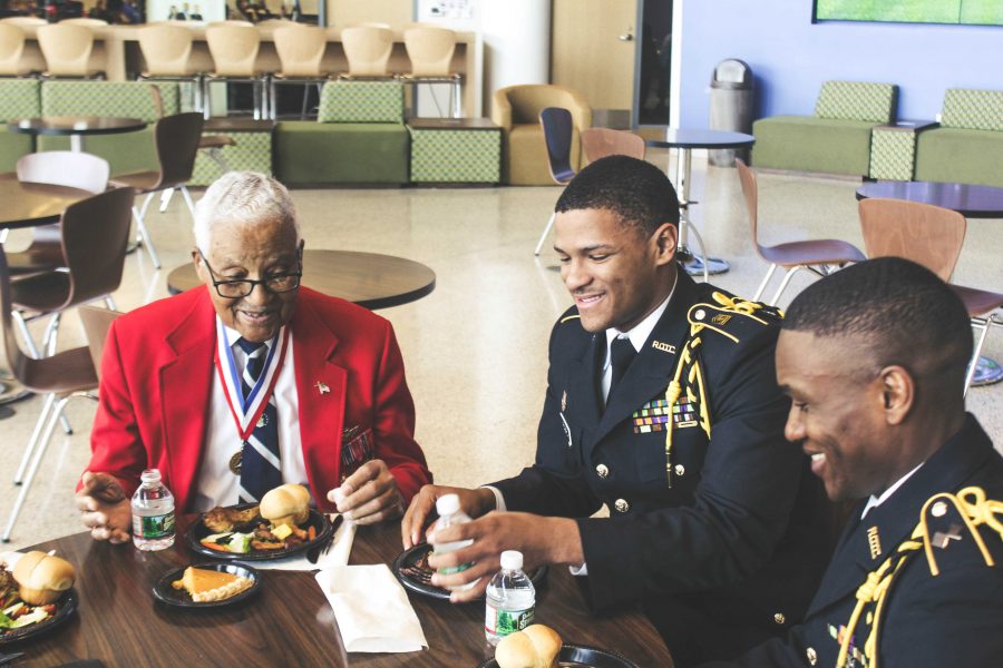 From left to right, Retired Col. Charles McGee, Reginald Rogers, and Charles Muondi at the Tuskegee Airman Symposium luncheon.
Photo by Maliik Obee.