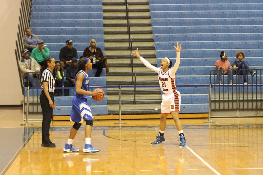 Senior guard Ivy Harrington playing defense against the Hampton Lady Pirates on Saturday.
Photo by Wyman Jones.