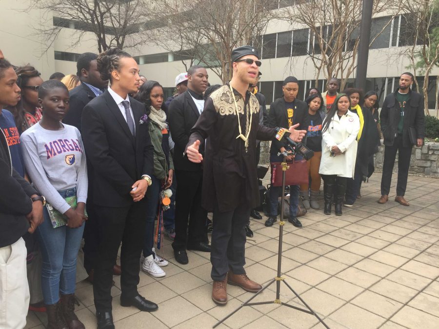Morgan State University student Chinedu Nwokeafor, flanked by students from the schools within the HBCU coalition, speaking on the site of Tuesday's hearing.
Photo by Devon Ashby