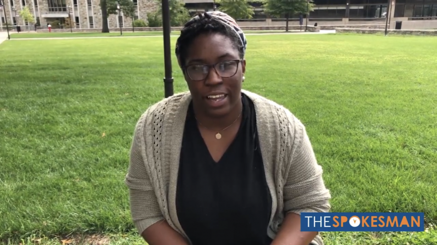 Sociology major Malaika Geffrard expresses what 9/11 means to her on the academic quad. 