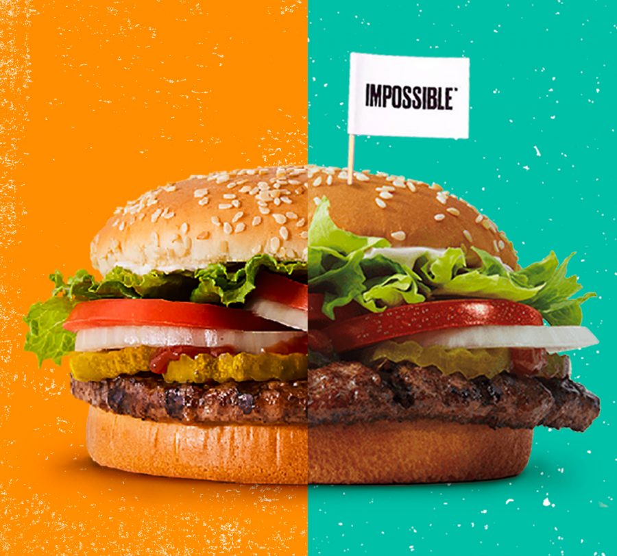Burger King’s original Whopper burger (left) compared to the Impossible Whopper (right).