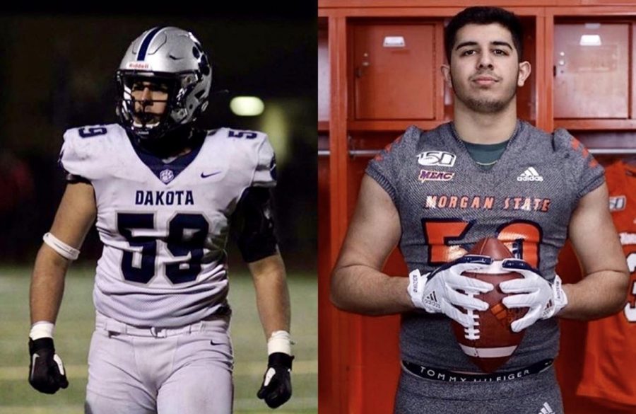 Danny Chaudhry (left) gears up to play along with South Dakota High School and (on the right) he poses in Morgan gear within the university locker room. 
