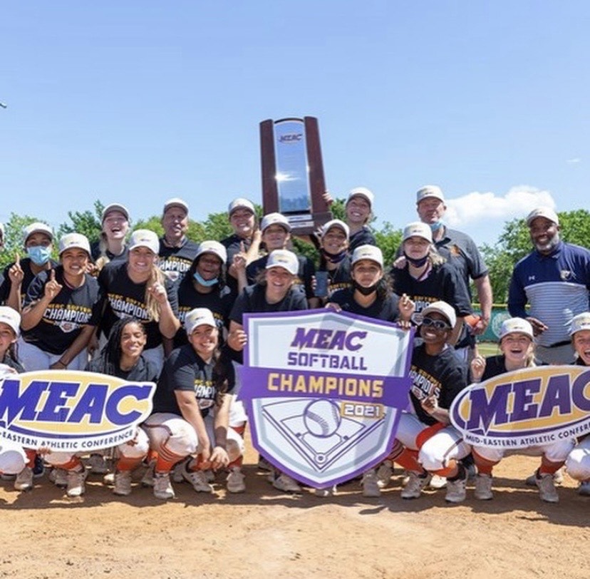 The Lady Bears celebrate their first MEAC softball title.