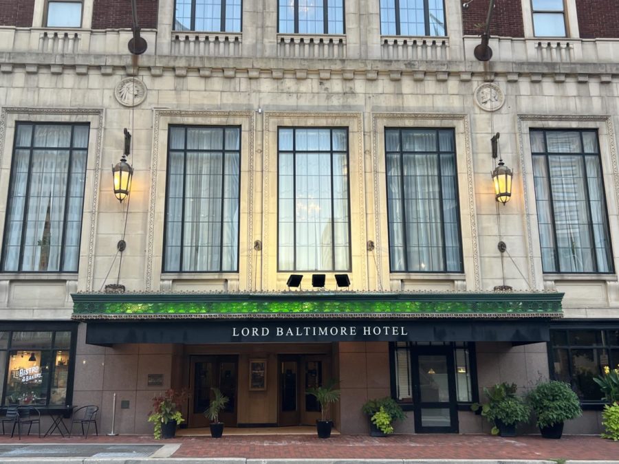 The front of Lord Baltimore Hotel, located on 20 W Baltimore St, Baltimore, MD 21201