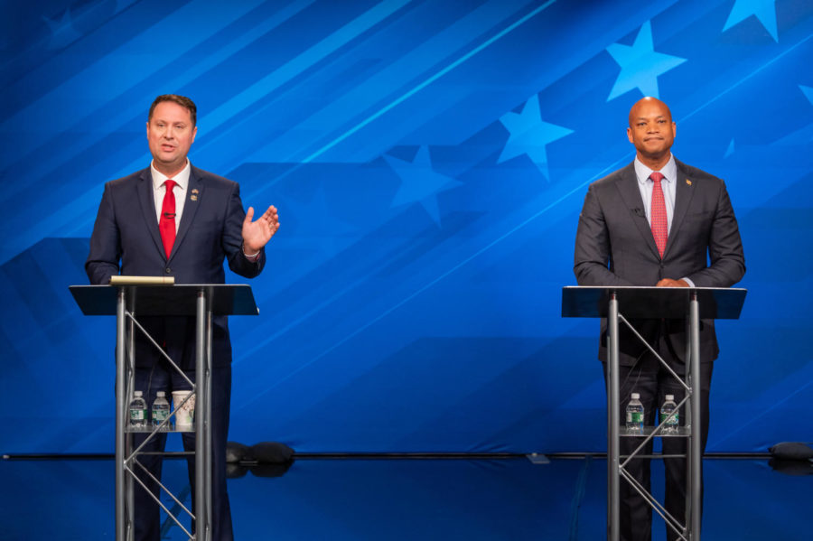 Dan Cox and Wes Moore at the Maryland Public Television gubernatorial forum on Oct. 12.