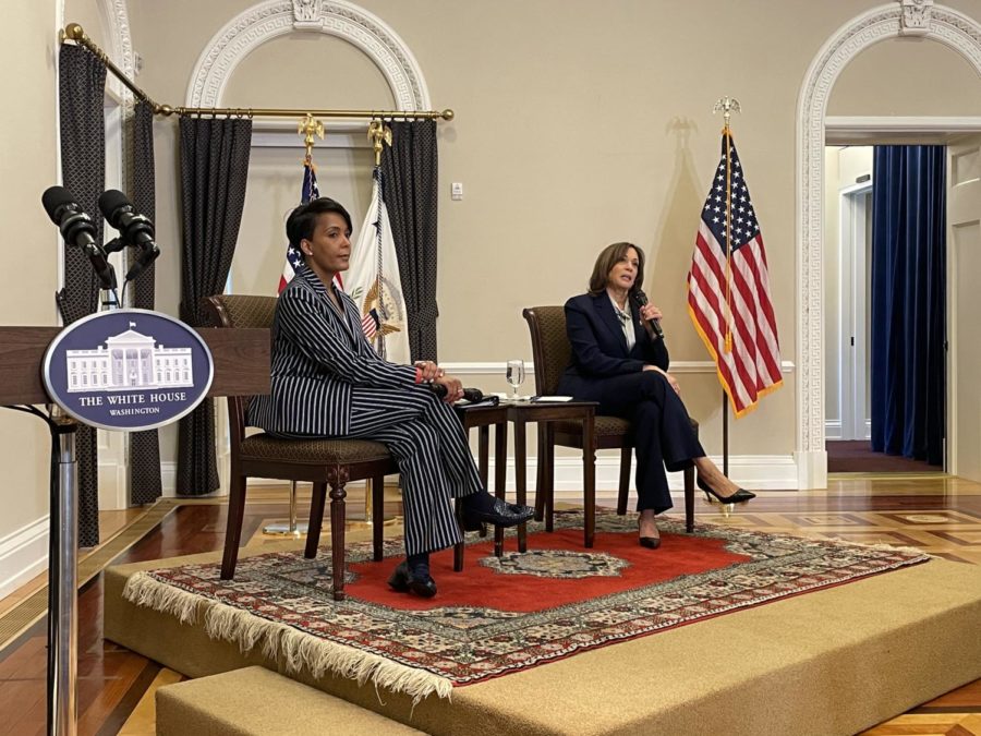 Keisha Lance Bottoms and Vice President Kamala Harris during HBCU Student Journalists Press Briefing.