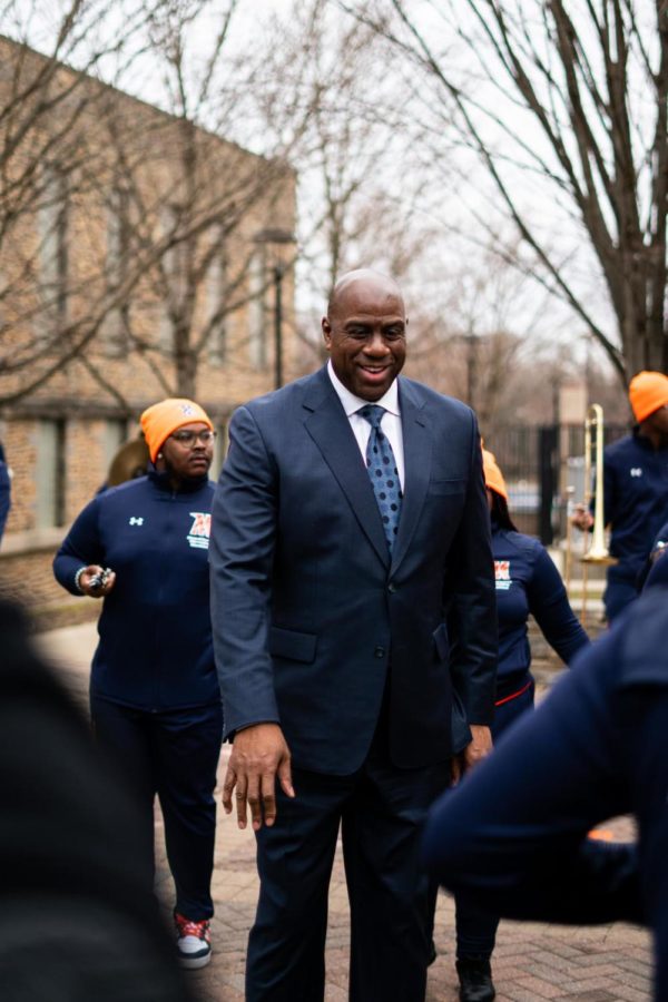 Magic Johnson with the Magnificent Marching Machine at Morgan State University | February 20, 2023.