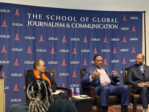 CBS Sportscaster James Brown met with School of Global Journalism and Communication Dean Jaqueline Jones and Michael Cottman, assistant to the dean on Tuesday morning.