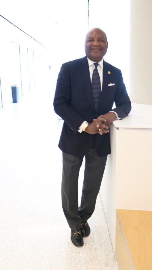 Sidney Evans, former vice president of finance and administration at Morgan State University, stands in Tyler Hall on May 11 prior to his departure. Evans concluded his nearly nine years at Morgan and has planned to begin his position as the National Urban League’s senior VP and chief financial officer in New York City in Summer 2023.