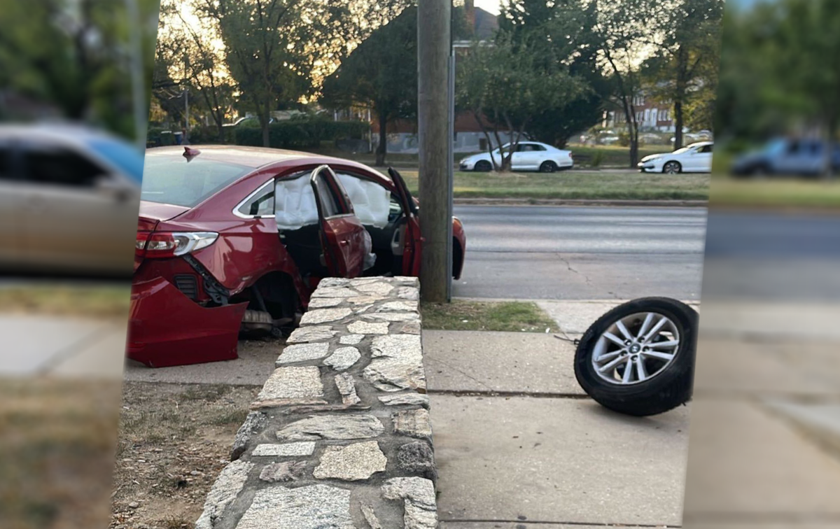 Four teen minors drove and crashed a stolen red 2017 Hyundai at a bus stop behind Earl S, Richardson Library on Sept. 5, said police. (photo by Spokesman staff)