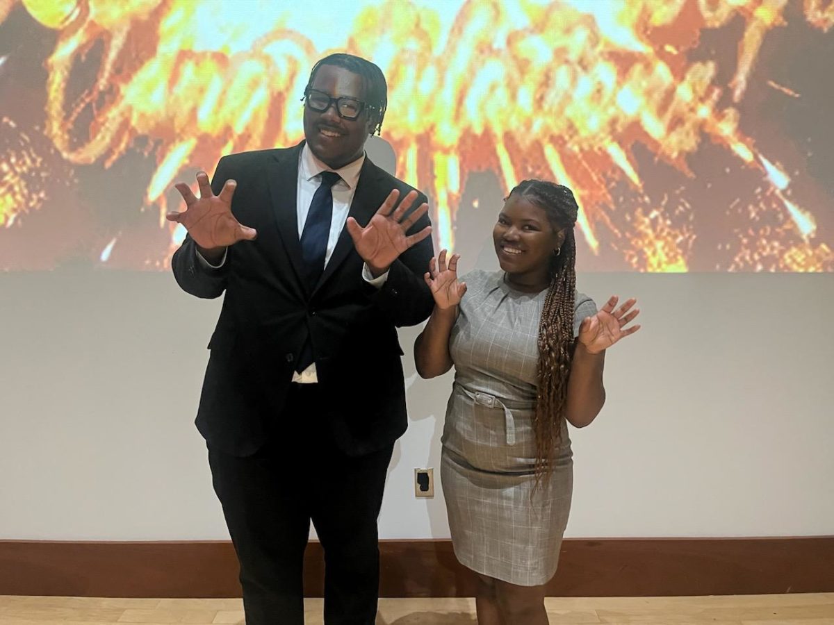 Newly+elected+Freshman+Class+President+Ronald+Johnson+%28left%29+and+Freshman+Class+Vice+President+Dawn+Mitchell+%28right%29+celebrate+following+SGA+announcing+the+new+freshman+class+leadership.