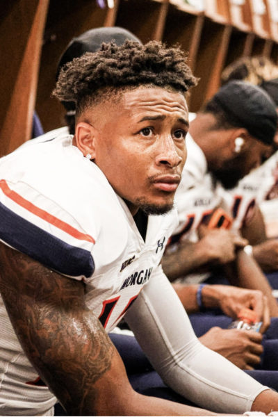 Morgan State University Wide Receiver Treveyon Pratt rests in the locker room at Robins Stadium on Saturday, Sept. 2. Morgan State Bears went toe-to-toe with the University of Richmond Spiders and won 17-10.