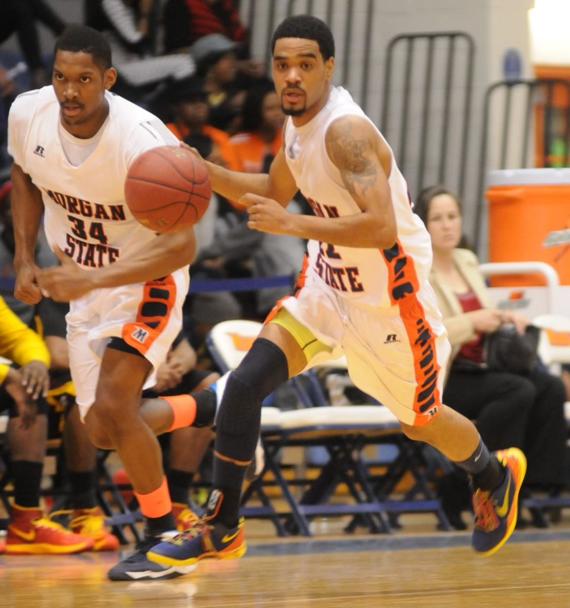 Blake Bozeman, right, plays basketball beside Cedric Blossom, left, during a Morgan State University basketball game. (Courtesy photo from Cedrick Blossom)