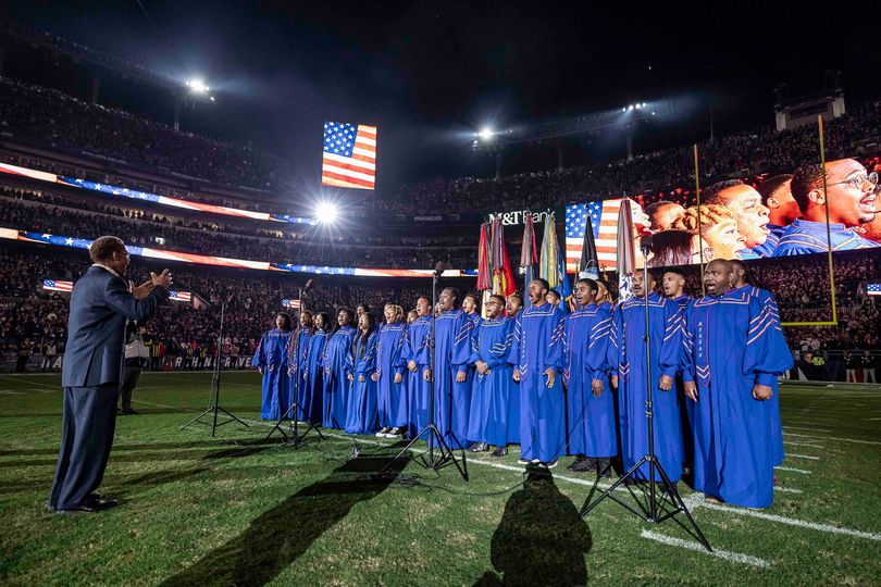 Morgan+choir+performing+before+an+October+2022+game.+The+choir+performed+the+National+Anthem+before+the+AFC+championship+game.+%0A19-17