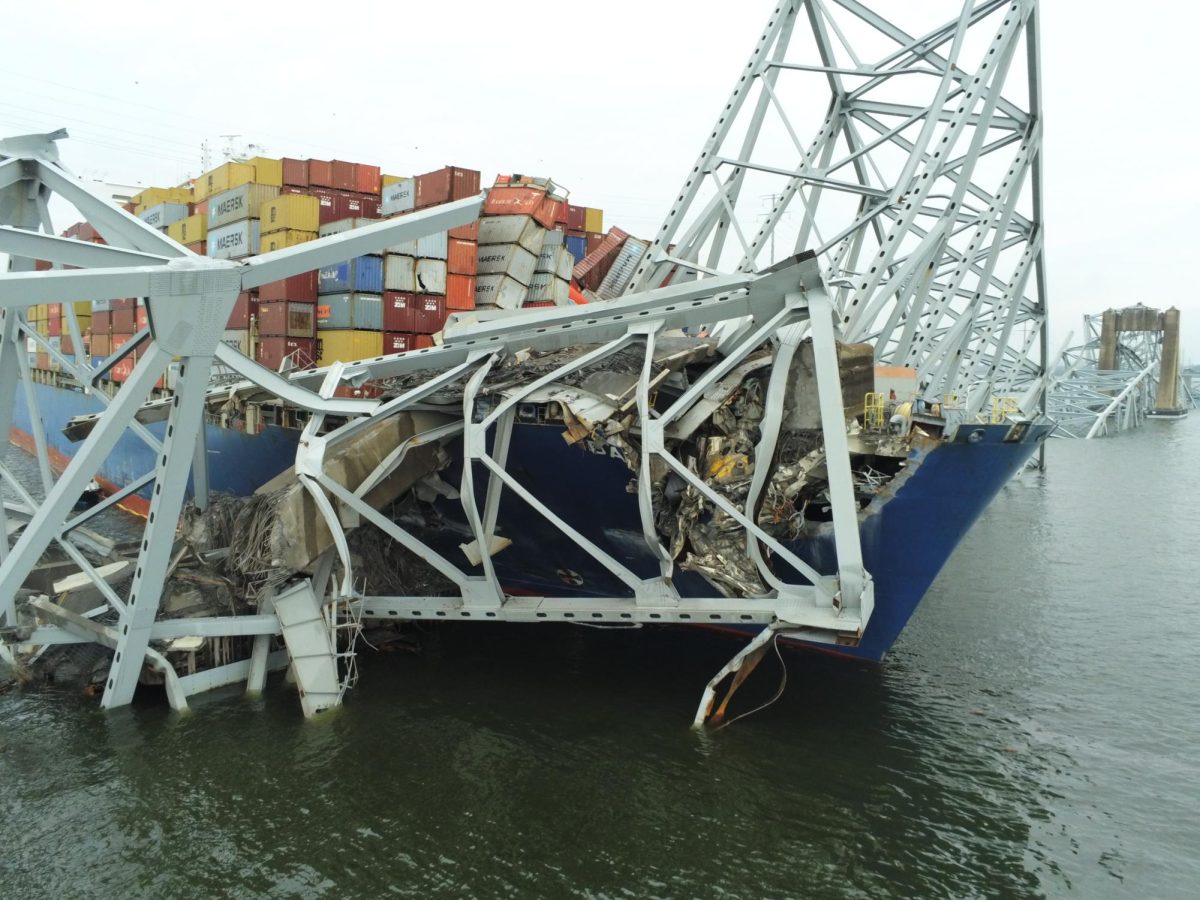 The Motor Vessel Dali is shown with the collapsed Francis Scott Key Bridge on March 28, 2024, in Baltimore. The Key Bridge Response Unified Command priorities are ensuring the safety of the public and first responders, accountability of missing persons, safely restoring transportation infrastructure and commerce, protecting the environment, and supporting the investigation. (U.S. Coast Guard photo)