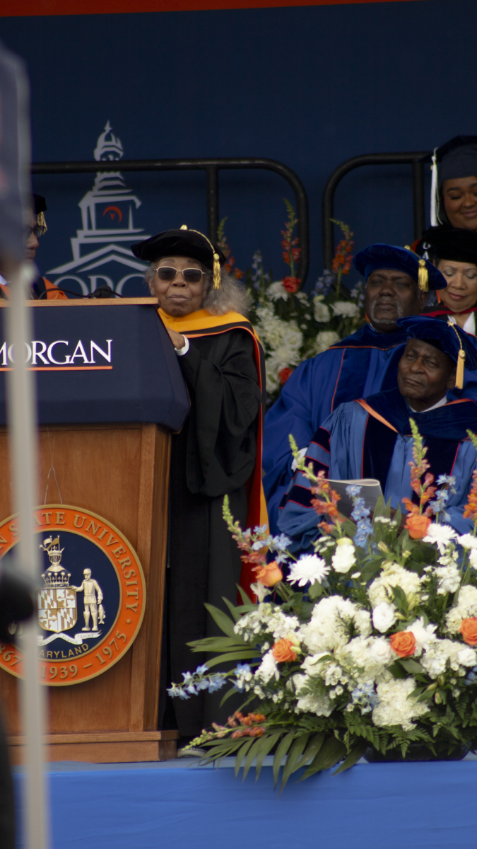 Valerie Thomas, former NASA scientist and inventor, addresses new graduates and guests at Morgan State Universitys Spring 2024 Commencement at Hughes Memorial Stadium, May 18. Morgan bestowed an honorary doctorate of science to Thomas during commencement proceedings. (photo by Lillian Stephens, The Spokesman)