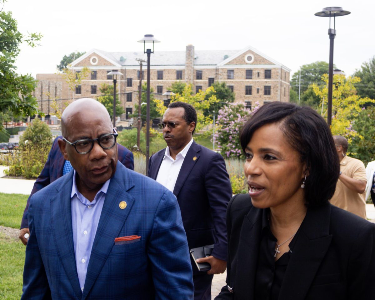 Morgan State University President David Wilson walks beside Democratic candidate for U.S. Senate Angela Alsobrooks during her visit at the university. (MSU Spokesman photo by Zion Pittman)