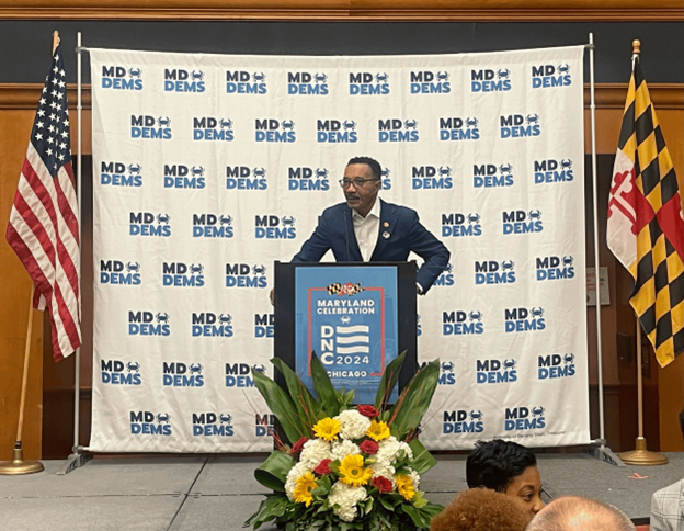 CHICAGO, ILLINOIS — U.S. Congressman and Chairman of the Board of Regents at Morgan State University speaks at the breakfast gathering hosted by the Maryland Delegation on August 20, 2024. (Photo by Tavon Thomasson).