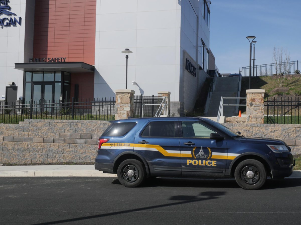 A Morgan State University Police Department is parked outside of the Public Safety Building March 13, 2924