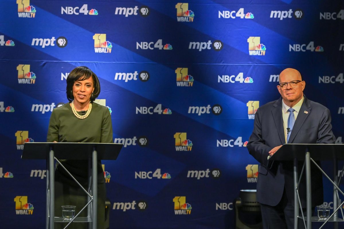 Angel Alsobrooks and Larry Hogan debate policy and practices in the Senate Debate at Maryland Public Television (MPT) in Owing Mills, Maryland, Oct. 20.