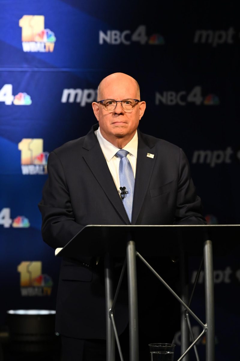 Larry Hogan listens to moderator questions during Maryland Public Television's (MPT) Senate debate in Owings Mills, Maryland, Oct. 10.