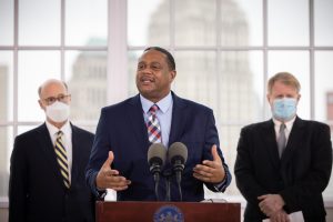 Mayor of Pittsburgh Ed Gainey speaks with the press in Pittsburgh, Jan. 20, 2022.