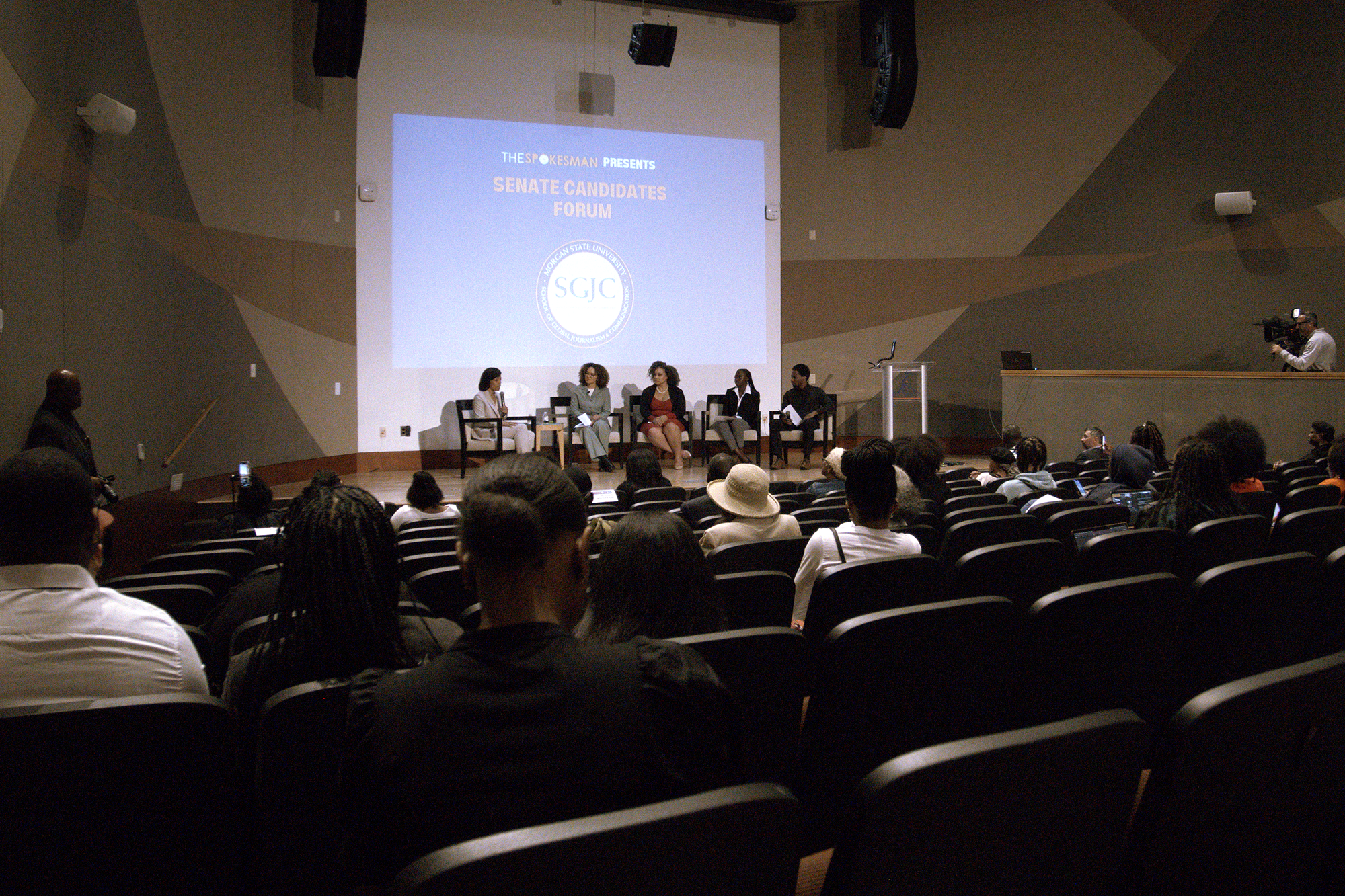 Angela Alsobrooks, Prince George's County Executive and Democratic candidate for the Senate, addresses concerns during the Senate Candidates Forum at Morgan State University on Sept. 24, 2024.