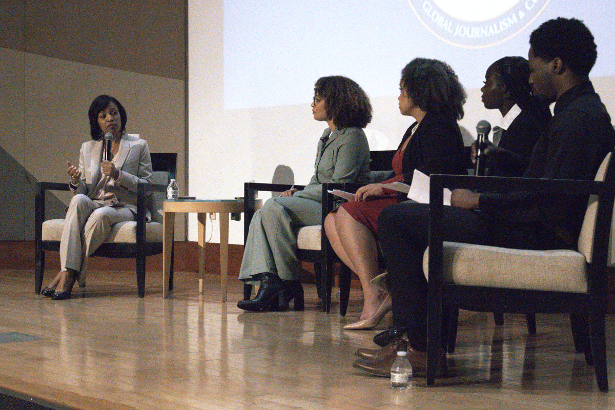 Angela Alsobrooks, Prince George's County Executive and Democratic candidate for the Senate, addresses concerns during the Senate Candidates Forum at Morgan State University on Sept. 24, 2024.