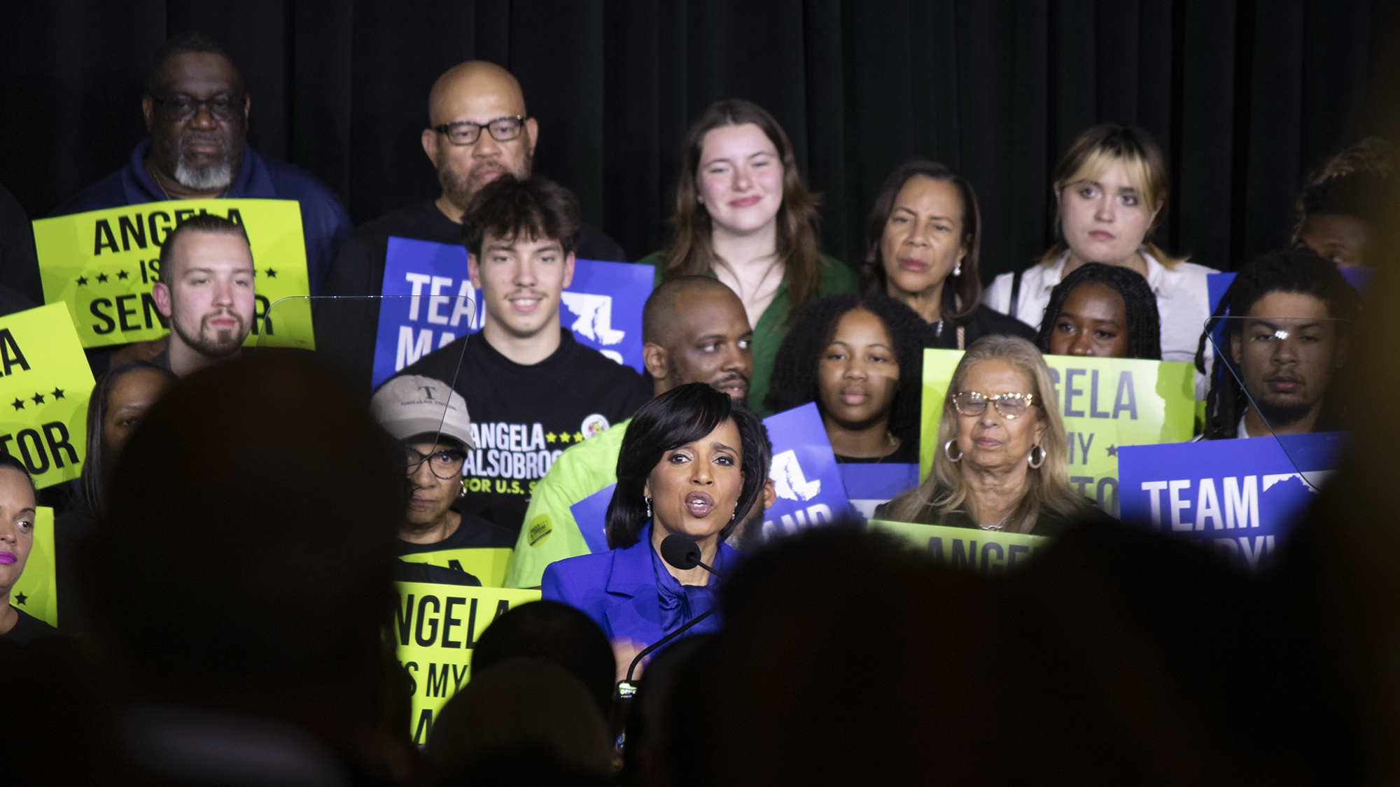 Angela Alsobrooks speaks to supports, guests and media during her celebratory speech at The Hotel in College Park, Maryland,  Nov. 5, 2024.