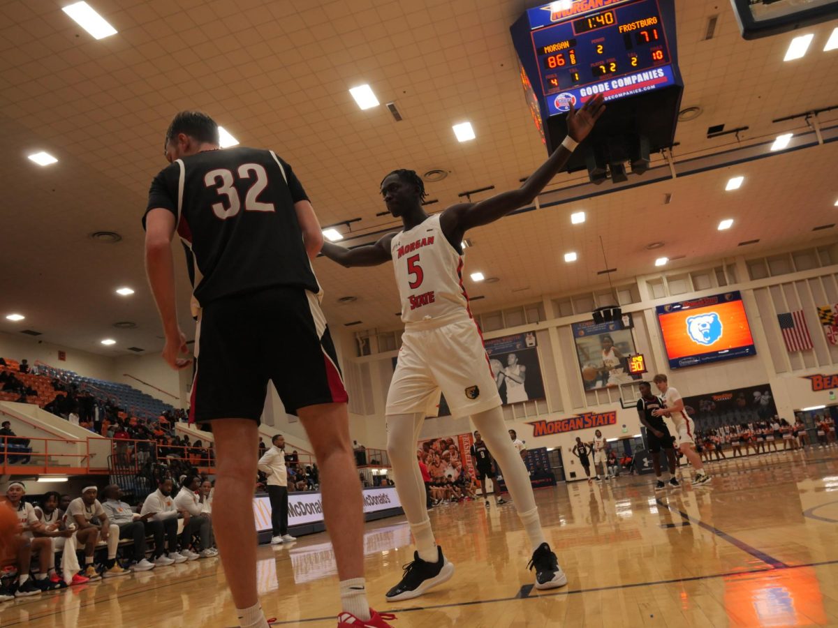 Freshman forward Matar Wade guards a Frostburg State inbound. 