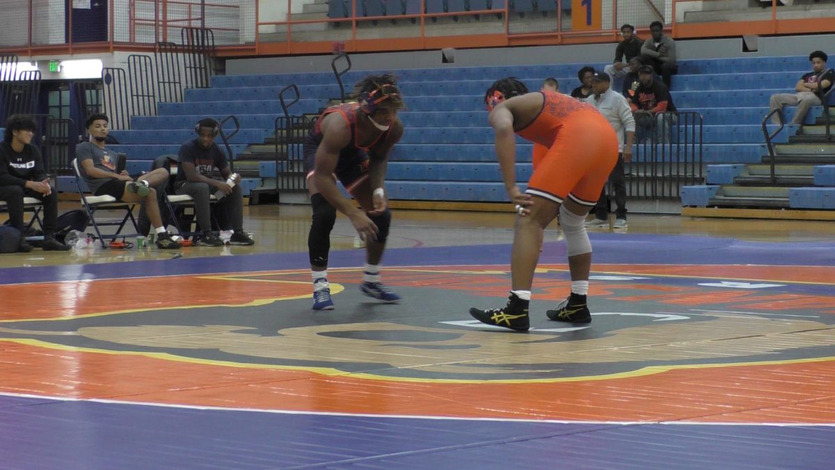 Morgan Wrestling in competition in the Blue and Orange intersquad meet.