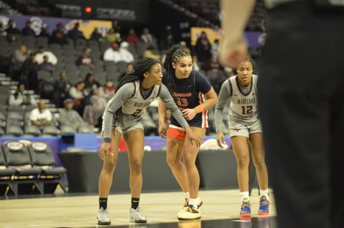 Redshirt freshman Naya Ojukwu prepares to rebound against UMES in Morgan's 74-67 MEAC tournament loss. 