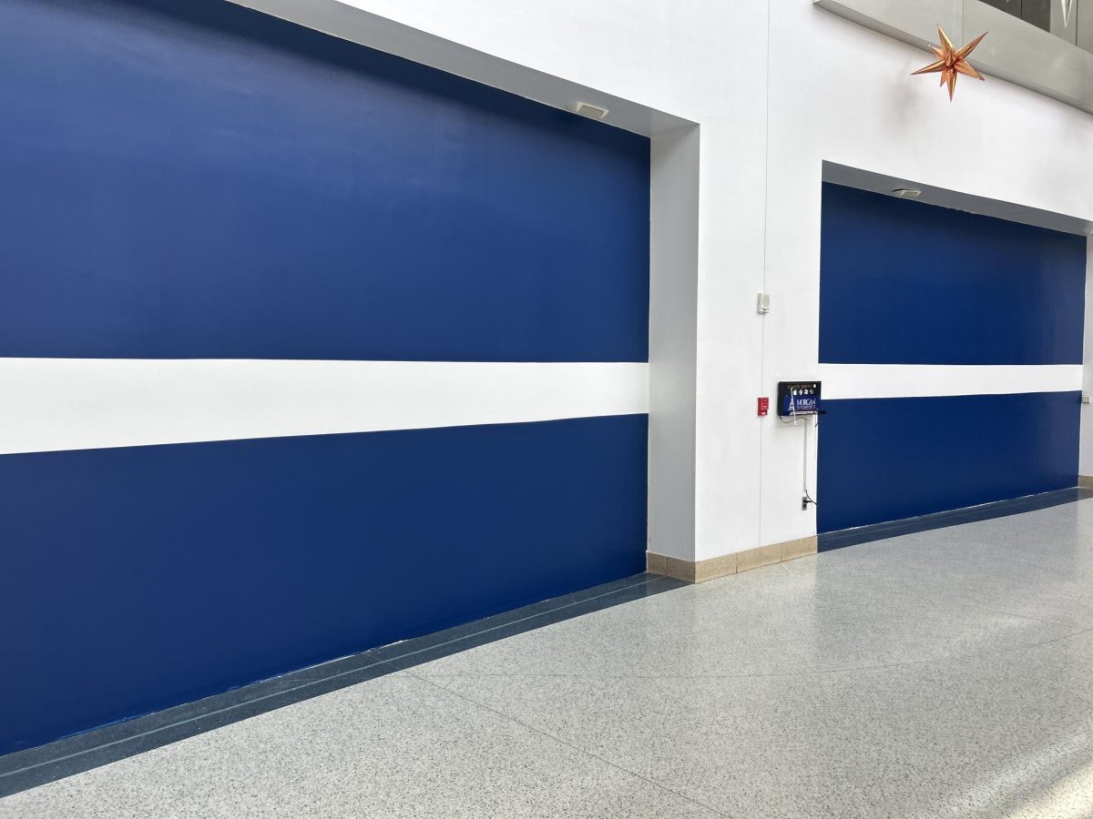 Blue-and-white wall now covers the space in the student center where Chick-fil-A operated from 2022 until spring 2025.