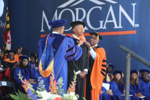 Bryan Stevenson receives honorary degree from Rep. Kweisi Mfume (left) and Morgan President David Wilson (Jalen Irving)